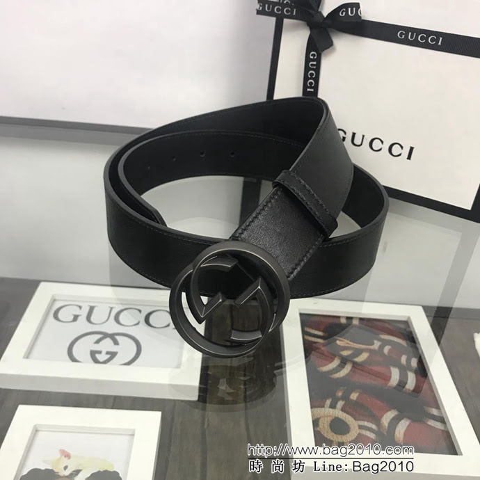 GUCCI古馳 官網新款 原單品質 雙G立體拋沙啞黑扣 休閒百搭款 男士皮帶  xfp1418